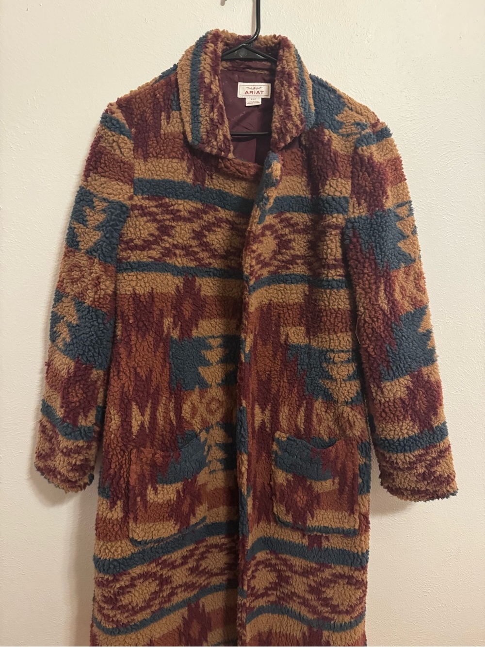 Ariat Long Sherpa Coat in Rust, Teal & Mustard Southwestern Pattern